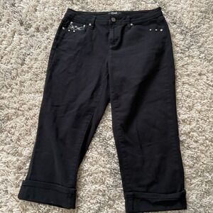 Earl Jean Black Embellished Rhinestone Cuffed Crop Capri Pants Womens Size 10